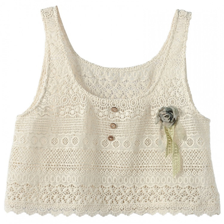 Floral Accent Beige Vest Hollow-Out Lace