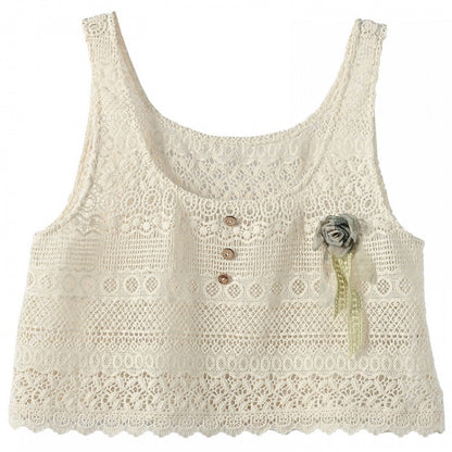 Floral Accent Beige Vest Hollow-Out Lace