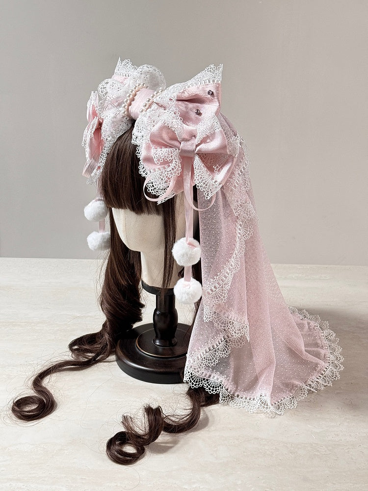 (Detachable Veil Multi-Color KC Lolita Set Bows) Head with Hairclip Lace