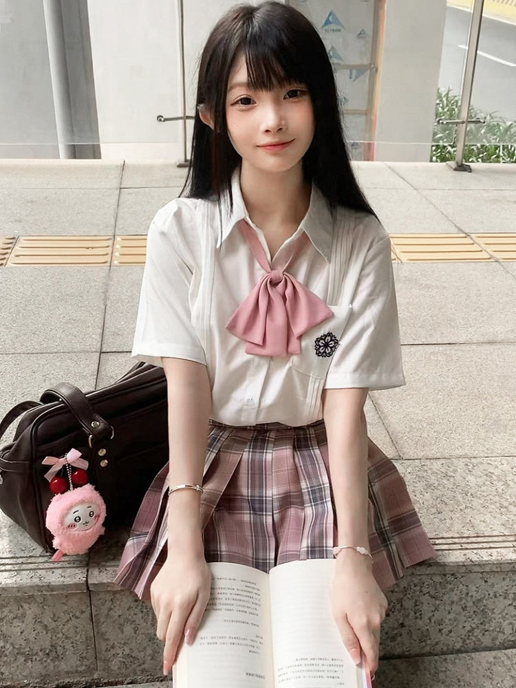 White Style Floral Uniform Shirt Short JK Pleating Details Embroidery Sleeves Preppy