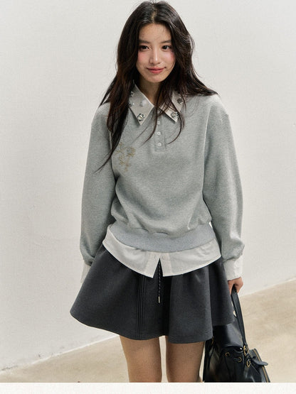 Shirt Embroidery Accents and Gray Faux Rose Rhinestone Two-piece with