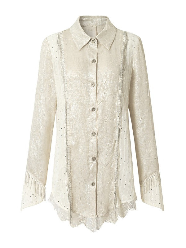 Beige Satin Lace-Trimmed Punk Shirt with Chain Accents