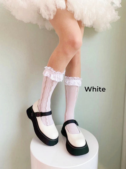 White/Cream Yellow Ruffled Lace Cuff Calf Socks