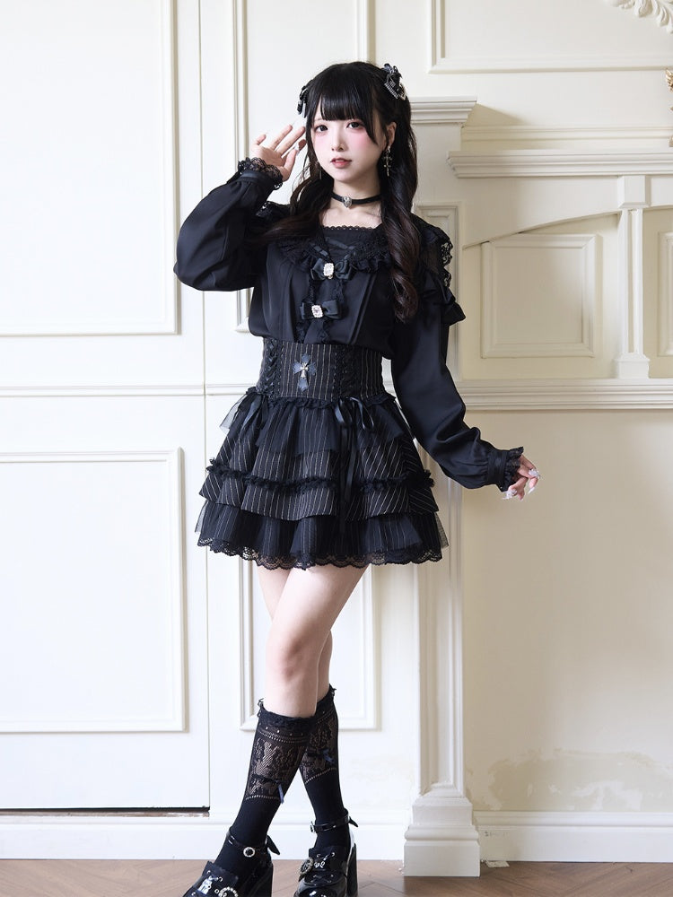 Black Rhinestones Bowknots Blouse Jirai Kei Sailor Collar Ruffled Lace Trim