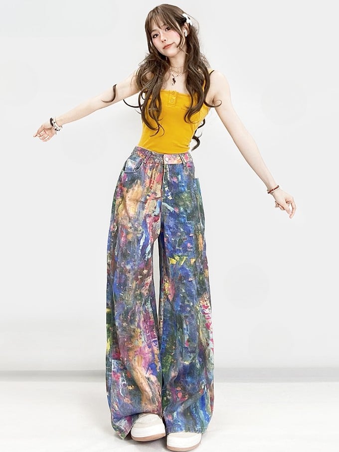 Schnitt Bunt Glamourös Y2K Jeans Weites Bein