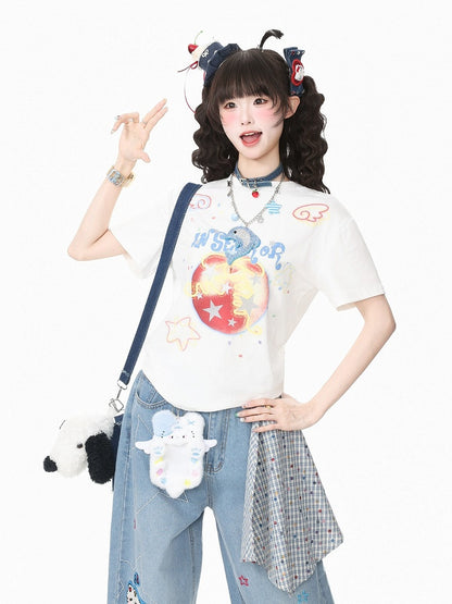 Charcoal Crew-Neck Tee with Star & Apple Graphic - Languid Park