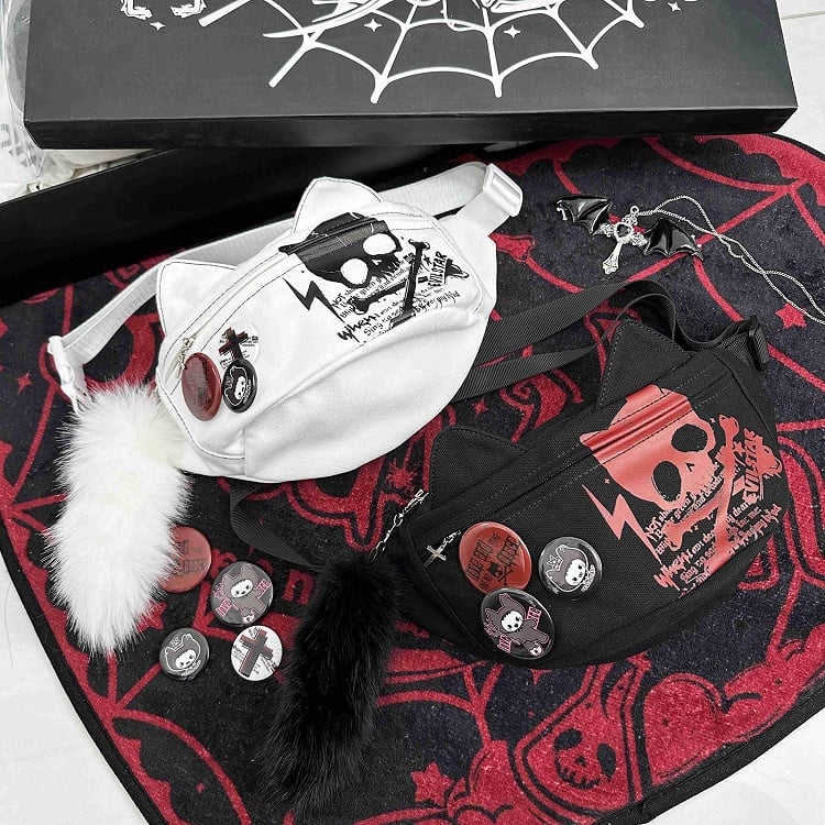 Print - Cat Bag White Waist Canvas with Skeleton Design Ear Letter Punk