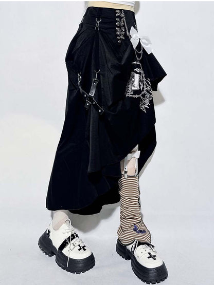 パンクなブラックピンチェーンアシンメトリーヘムキティ取り外し可能ボウスカート