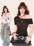 Asymmetrischer Ausschnitt, Zahlendruck, Weiß/Schwarz, halbtransparentes T-Shirt