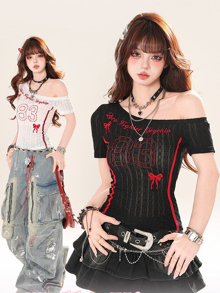 アシンメトリーネックライン ナンバープリント ホワイト/ブラック Tシャツ セミシアー