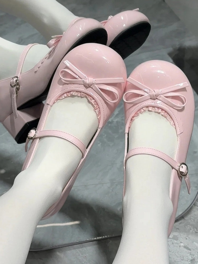 Schleifenbesatz Pink Jane Round - Geknotete Spitzenschuhe Süße Lolita-Mary-Schuhe mit niedrigem Absatz