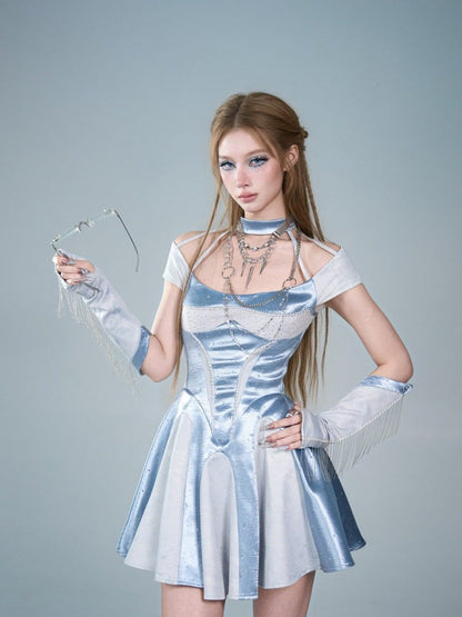 Blue Y2K Satin Halter Neck A-Line Dress with Rhinestone - Virtual Orbit