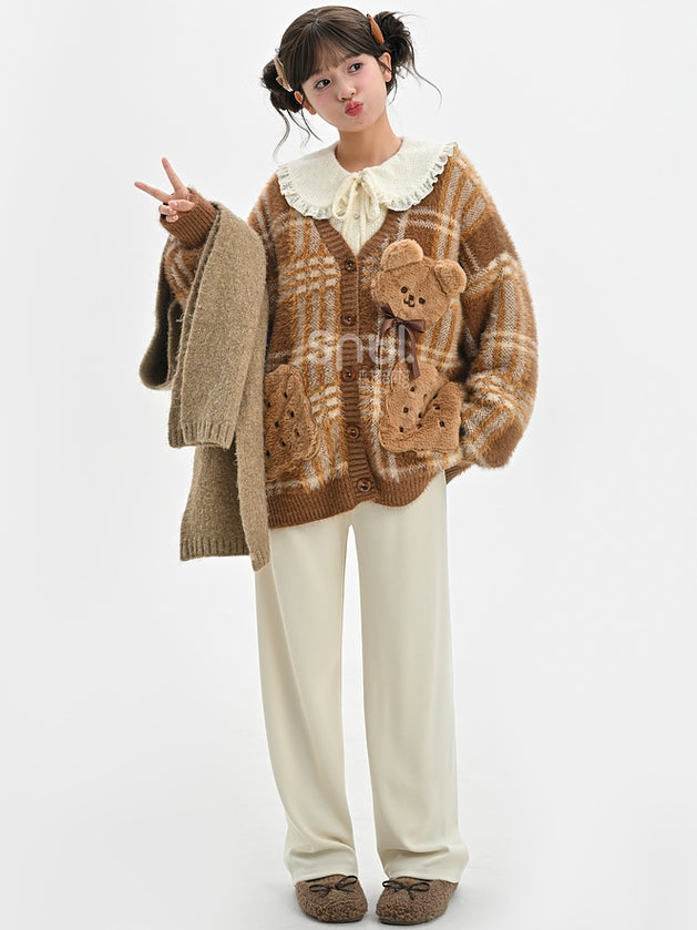 Brown Cute Cookie Bear Adorned Plaid Loose Cardigan