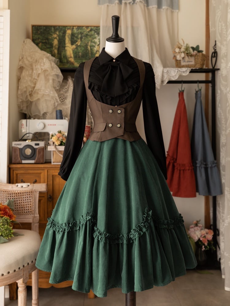 Black Ruffle-Trim Long-Sleeve Shirt with Bow Tie