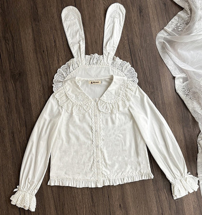 Sleeves with Lace Bunny Ears Blouse White Ruffled Long