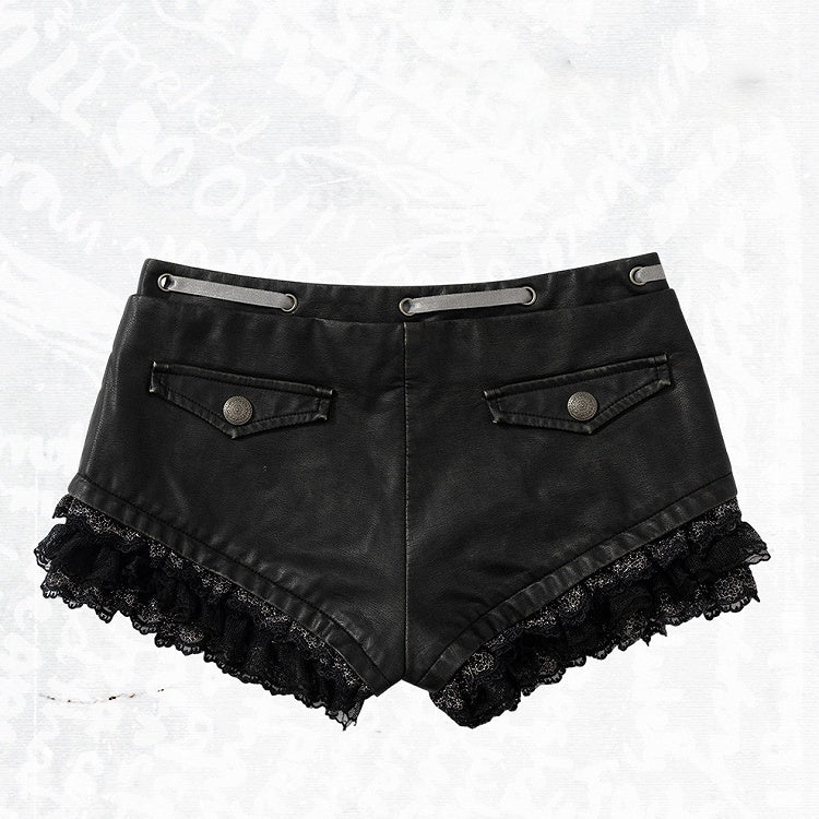 Black Faux Leather Shorts with Lace Trimmed Hems - NO ROMANCE