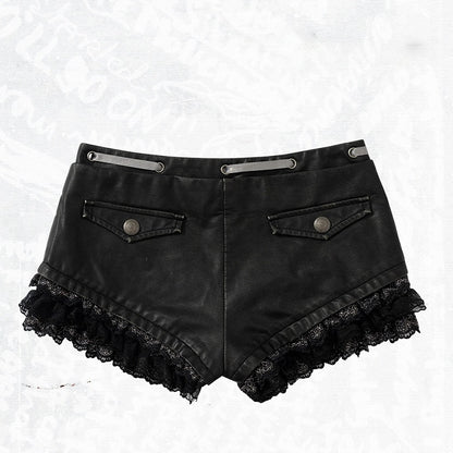 Black Faux Leather Shorts with Lace Trimmed Hems - NO ROMANCE