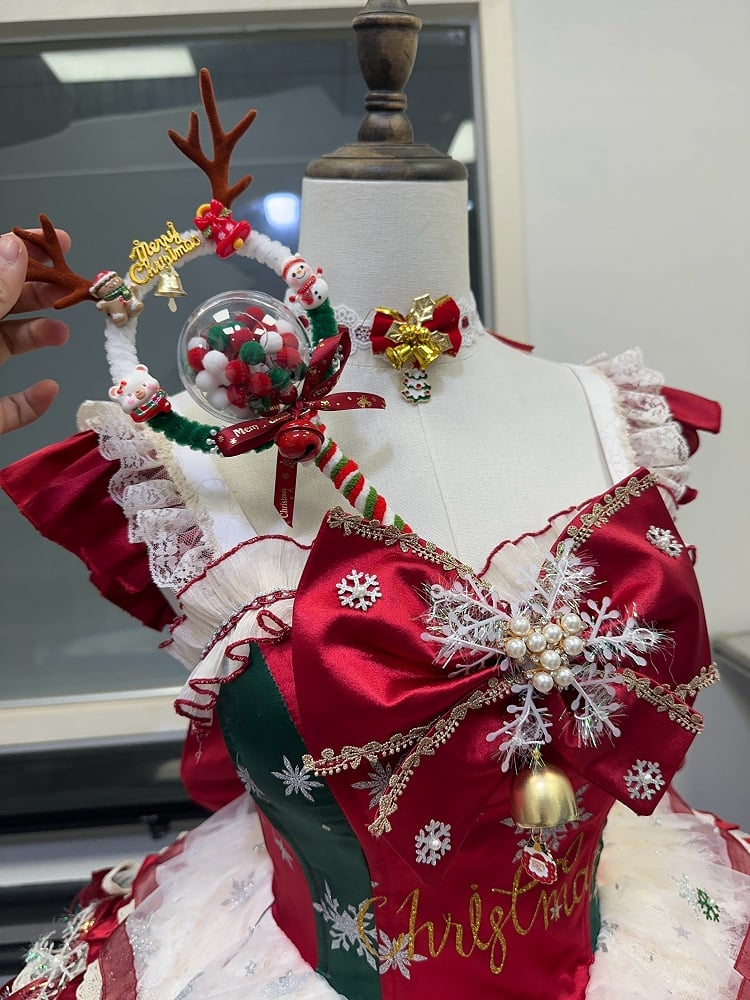 Lolita Bell Bow Snowflake Christmas Red Dress Accents Jingle and with Green Balletcore