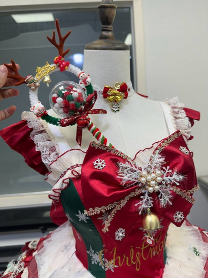 Lolita Bell Bow Snowflake Christmas Red Dress Accents Jingle and with Green Balletcore
