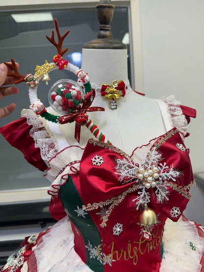 Red & Green Christmas Lolita Balletcore Snowflake Dress with Bells - Elsa's Magic Castle