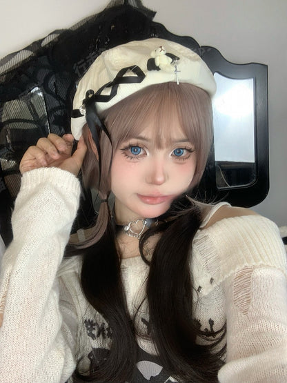 Rhinestone Plush Angel Bear Beret with Lace-up Detail