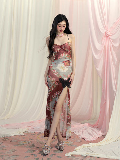 Rock Rostrot Chiffon Neckholder Floral Slip Kleid Schlitz Seite Meerjungfrau Rückenfrei Hals