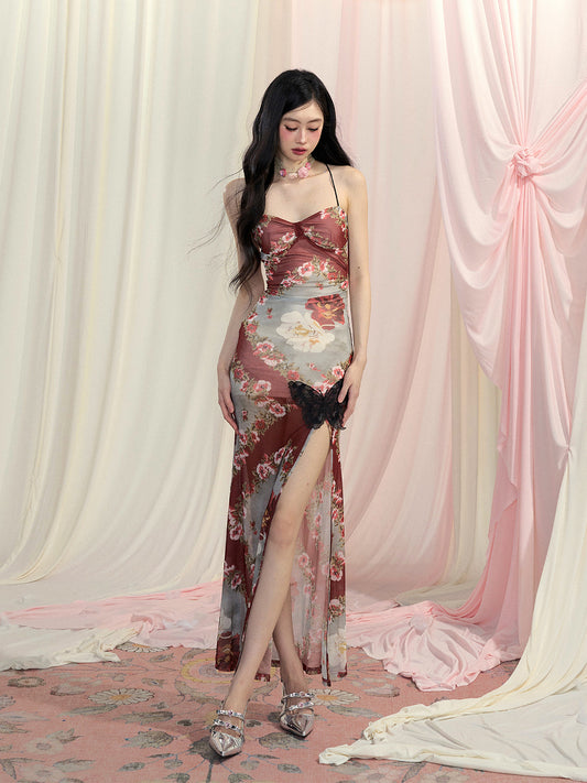 Rock Rostrot Chiffon Neckholder Floral Slip Kleid Schlitz Seite Meerjungfrau Rückenfrei Hals