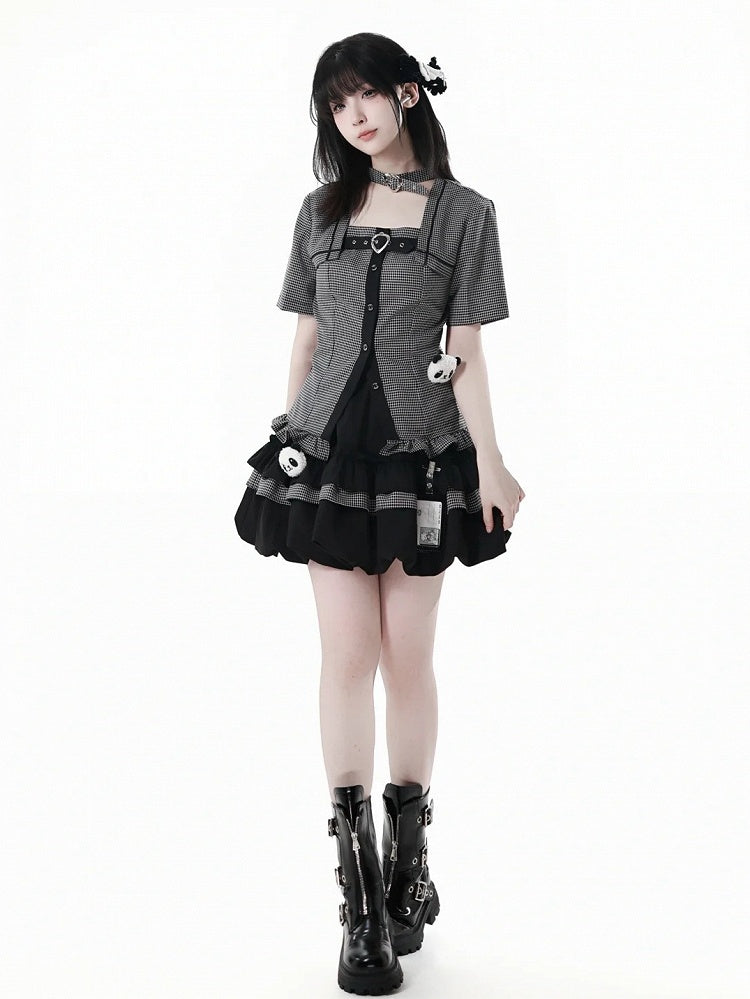 Choker Design Rüschen Saum Plaid Bluse Schwarz Criss-cross All-in-one und