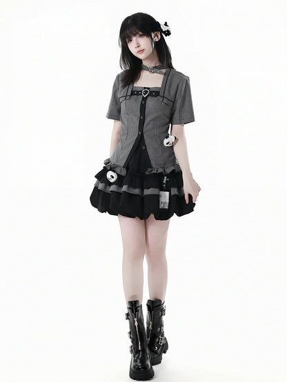 Choker Design Rüschen Saum Plaid Bluse Schwarz Criss-cross All-in-one und