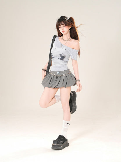 アシンメトリーネックライングラフィックTシャツ グレー/ホワイト