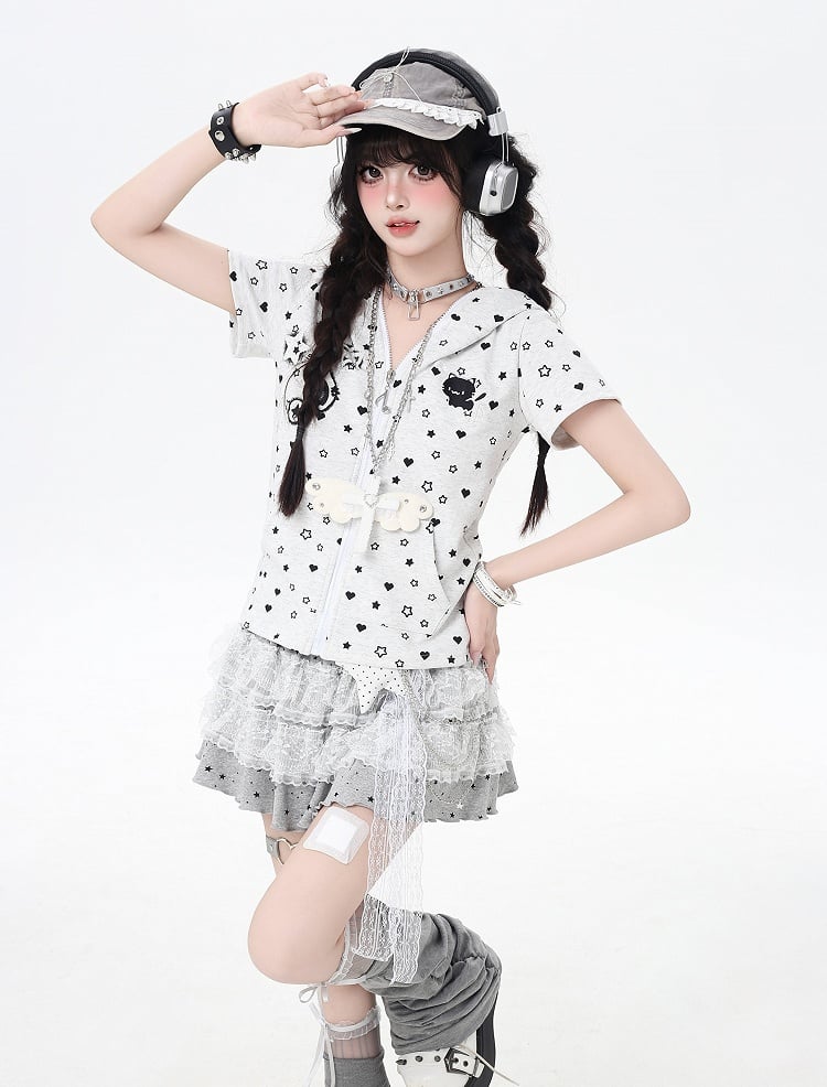 Weiß/Schwarze Y2K-Jacke mit Stern- und Herz-Print und Reißverschluss und Kapuze mit Katzenohren