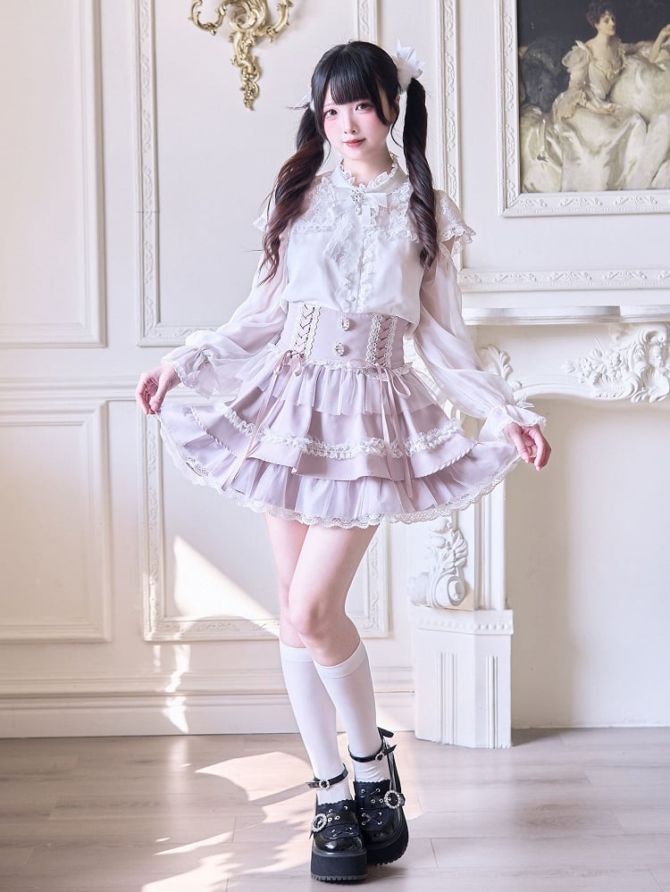 Rhinestone Design Tiered Embellishments Skirt Pink and Jirai High Lace-up Kei Front with Waist