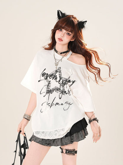 カットアウトショルダー、ダメージ加工ホールヘム、グラフィックTシャツ、ブラック/ホワイト
