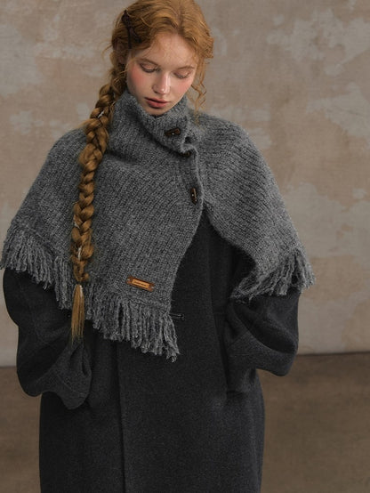 Toggle with Frayed Closure and Knit Edges Shawl Camel/Gray Cozy Winter