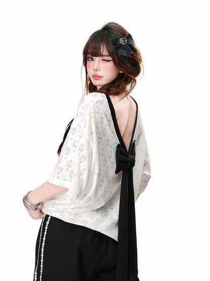 Blue/White Semi-sheer Bowknot Print Backless T-Shirt with Bow