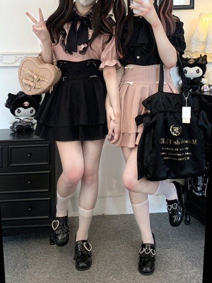 カットアウトショルダーレーストリムブラウスタイ（リボン付き） ジライケイ ブラック/レッド/ピンク/ホワイト