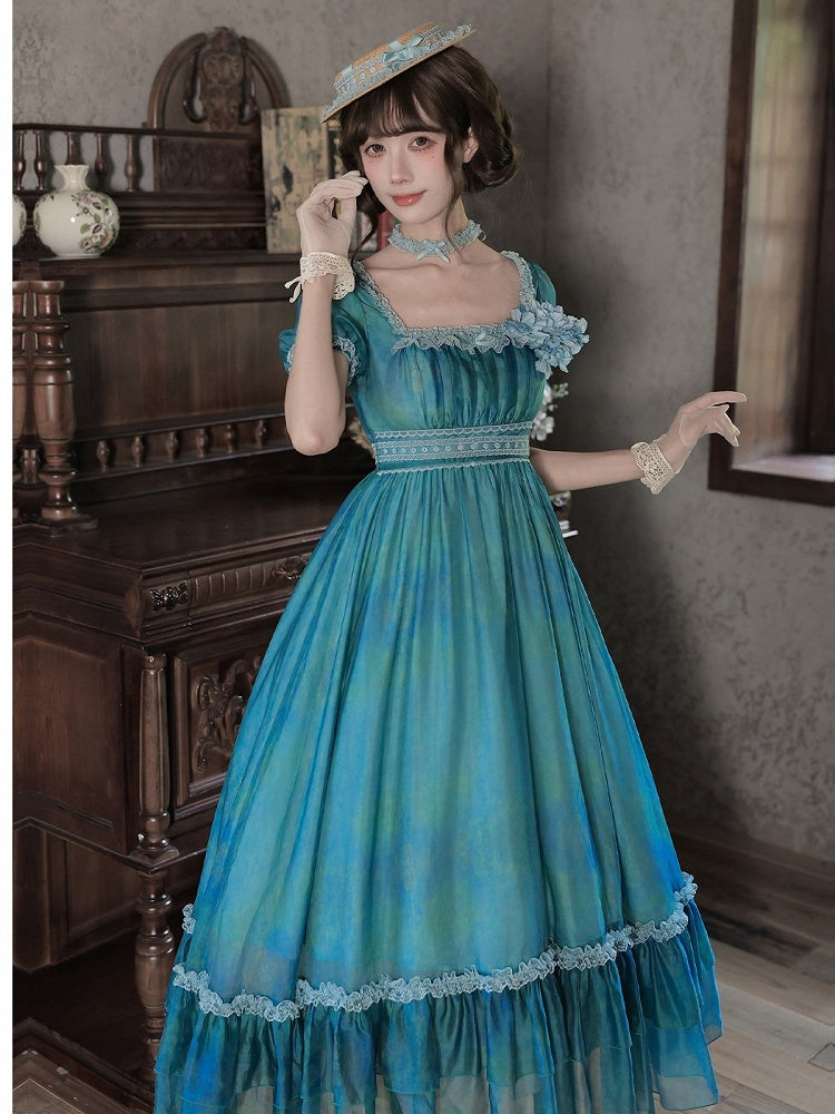 Square Neck Teal Lolita Dress with Belt & Chain Set - Elegant - With PUJI