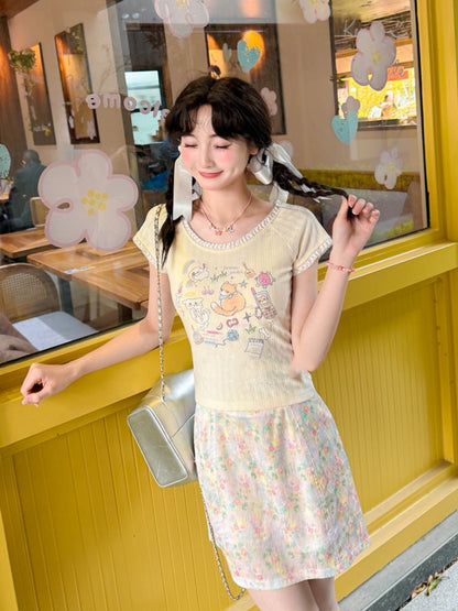 バージョンTシャツ ベージュ 愛らしいキツネプリント ロング/ショート