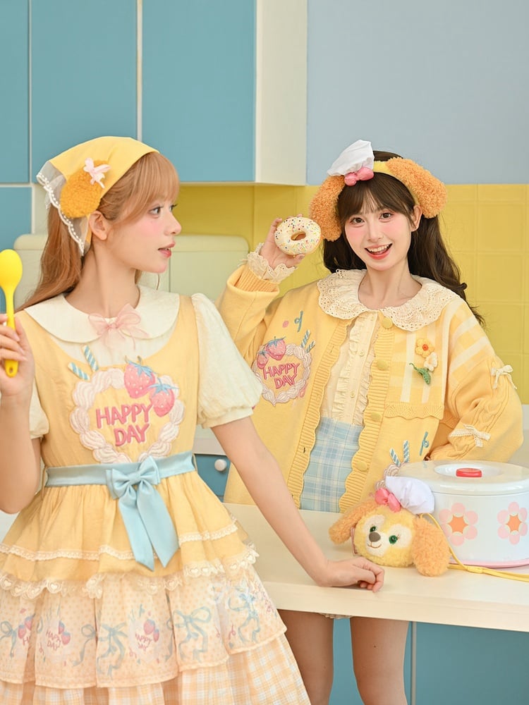 Rock Große süße Schleife Cremegelbes gestuftes Erdbeerkuchen-Stickerei-Lolita-Kleid