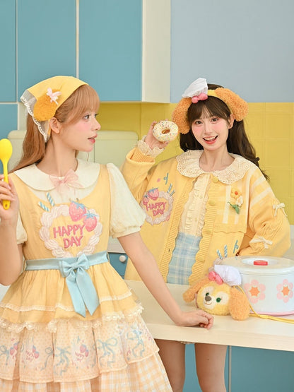 Rock Große süße Schleife Cremegelbes gestuftes Erdbeerkuchen-Stickerei-Lolita-Kleid