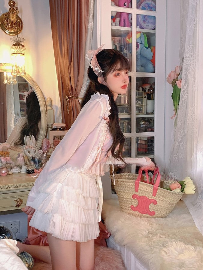 Bow Knit Pink Straps  Lace Trim Cardigan With Self-tie