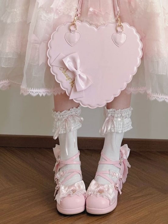 Sweet Lolita Pink Middle Heel Platform Shoes with Lace - Sheep Puff