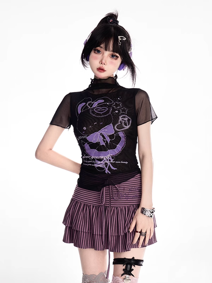 T-Shirt Schwarz Mock Neck Mesh Y2K Süßer Hasendruck Gebogener Saum