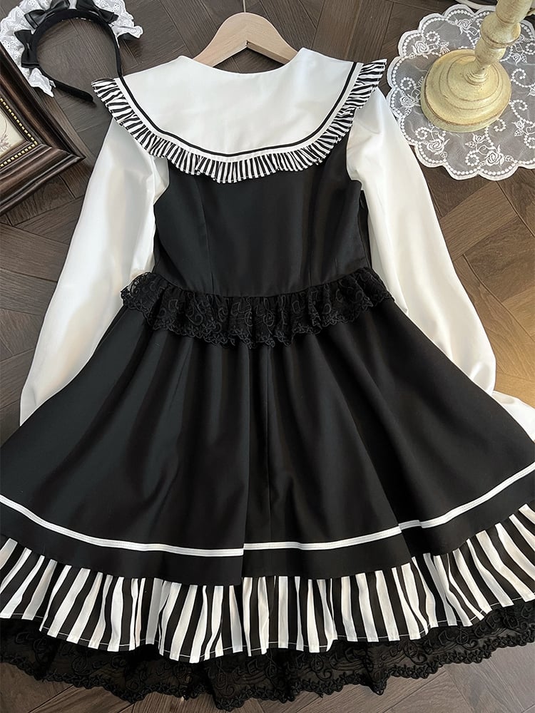 Schwarze Jirai Kei Sailor Collor Bluse mit hoher Taille und Spitzenbesatz, Overall-Kleid-Set