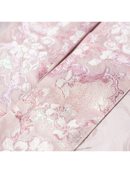 Pink Hanfu-Inspired Satin Long Sleeve Top with Floral Print - Yimu Walnut