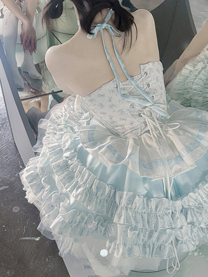 Cropped Details Bodice Floral Strapless Top + Tiered Skirt + Ful Blue Bowknot on Set Top