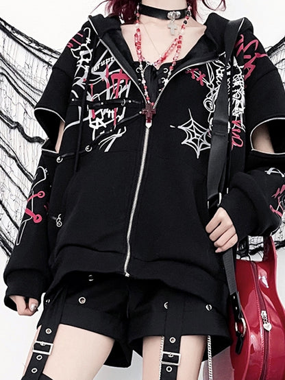 Zip-Up Sleeves with Y2K Graphic Black Hoodie Bunny Ears Print Zipper