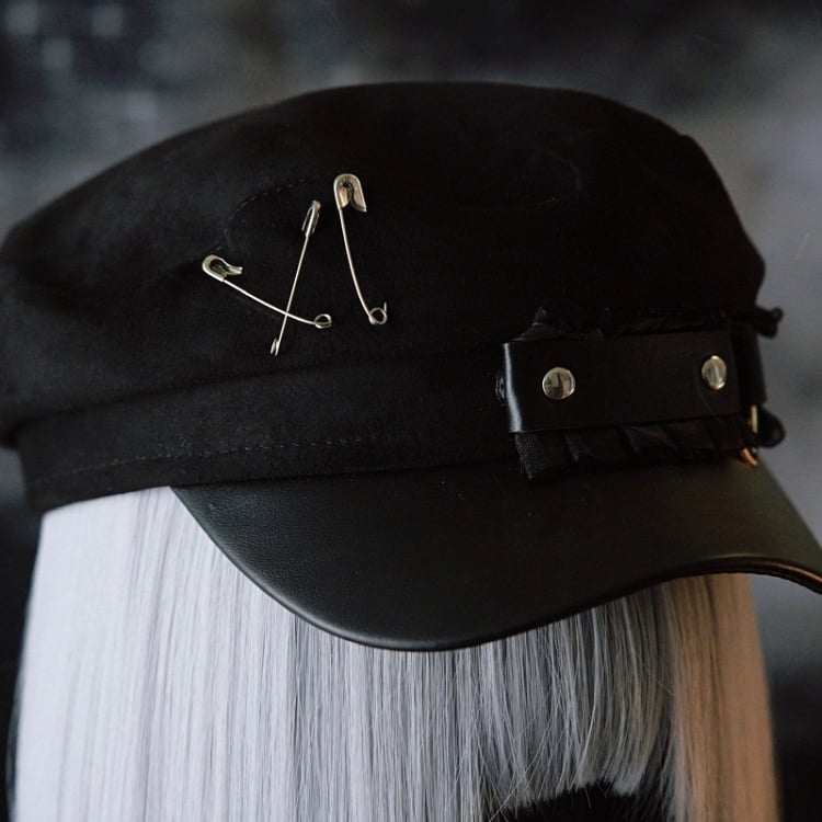Beret Black Trim Gothic Hat Ruffled Pin Decorated