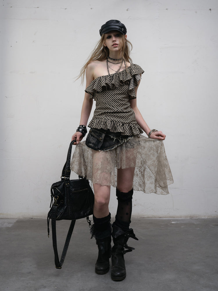 Cascading Top Khaki Asymmetrical Ruffles Star with Black Patterns Neckline Striped