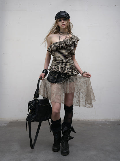 Cascading Top Khaki Asymmetrical Ruffles Star with Black Patterns Neckline Striped